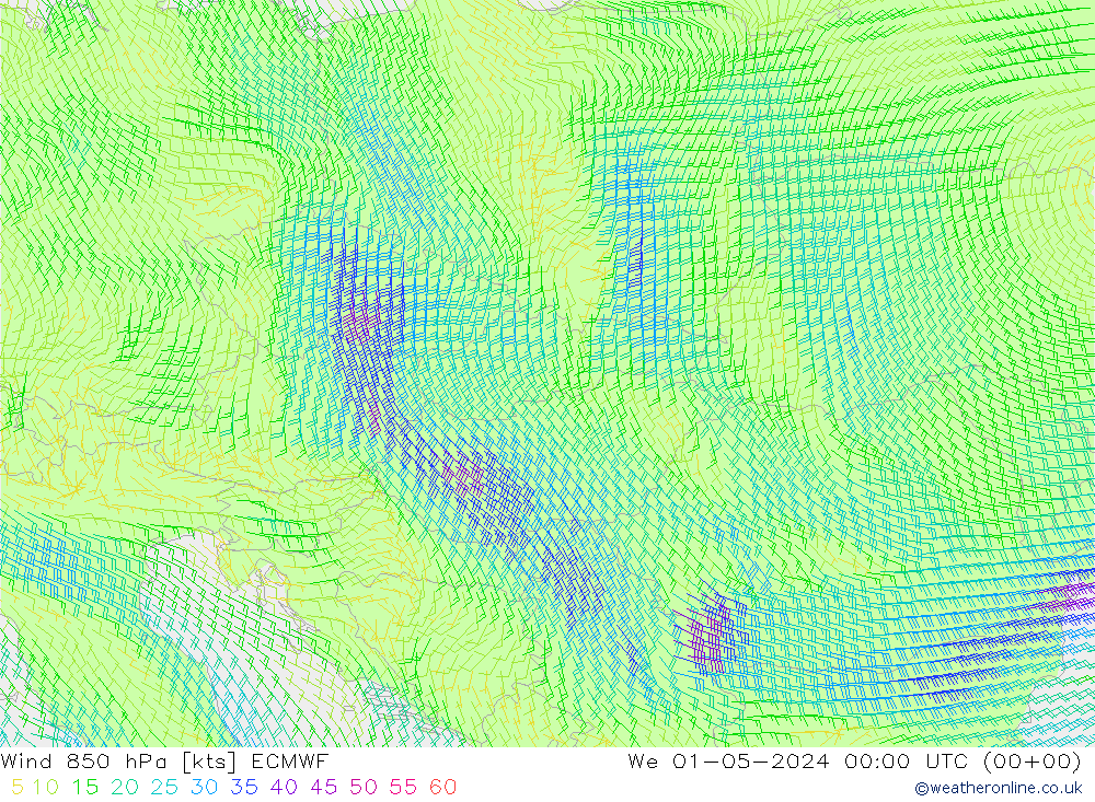 Vent 850 hPa ECMWF mer 01.05.2024 00 UTC