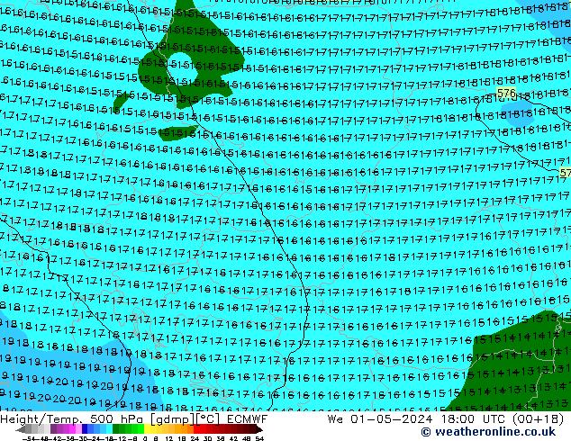 Z500/Rain (+SLP)/Z850 ECMWF śro. 01.05.2024 18 UTC