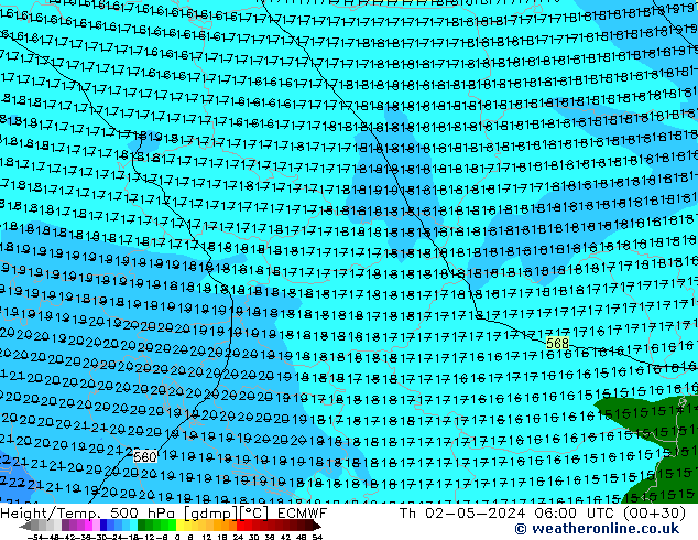 Height/Temp. 500 hPa ECMWF Th 02.05.2024 06 UTC