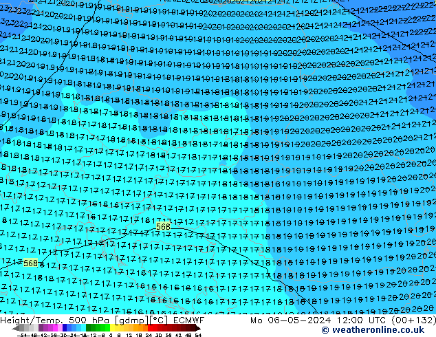 Z500/Rain (+SLP)/Z850 ECMWF pon. 06.05.2024 12 UTC