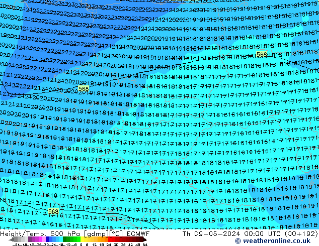 Z500/Rain (+SLP)/Z850 ECMWF czw. 09.05.2024 00 UTC