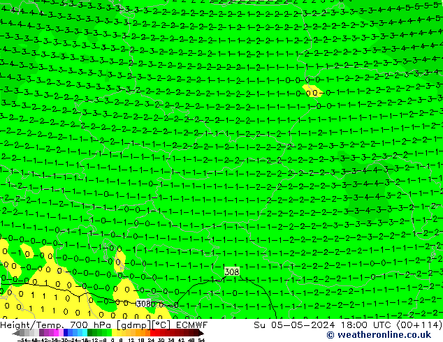 Geop./Temp. 700 hPa ECMWF dom 05.05.2024 18 UTC