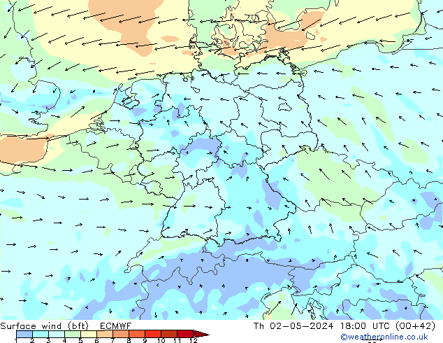 ве�Bе�@ 10 m (bft) ECMWF чт 02.05.2024 18 UTC