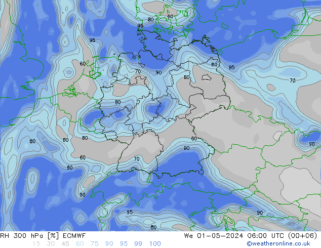 RH 300 hPa ECMWF Qua 01.05.2024 06 UTC