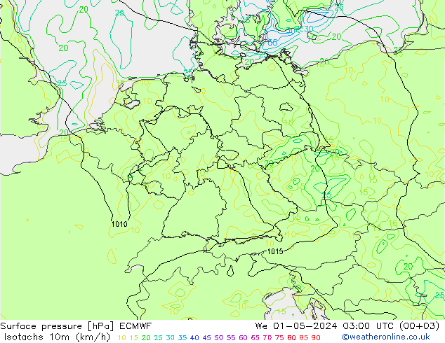 Isotachs (kph) ECMWF mer 01.05.2024 03 UTC