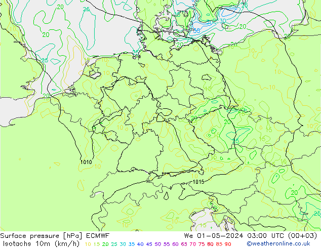 Isotachs (kph) ECMWF Qua 01.05.2024 03 UTC