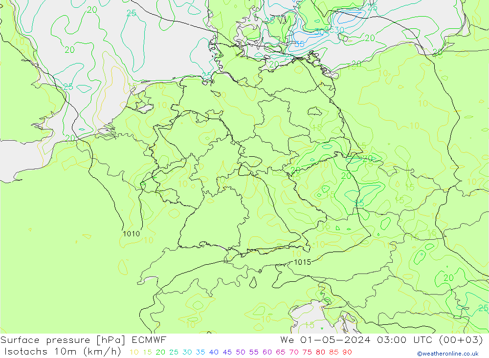 Isotachs (kph) ECMWF mer 01.05.2024 03 UTC