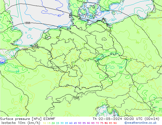 Isotachen (km/h) ECMWF Do 02.05.2024 00 UTC