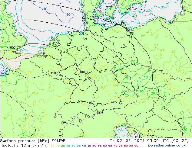 Isotachen (km/h) ECMWF Do 02.05.2024 03 UTC