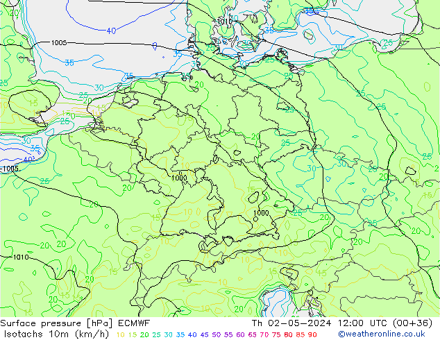 Izotacha (km/godz) ECMWF czw. 02.05.2024 12 UTC