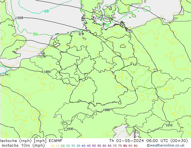 Isotachs (mph) ECMWF Čt 02.05.2024 06 UTC