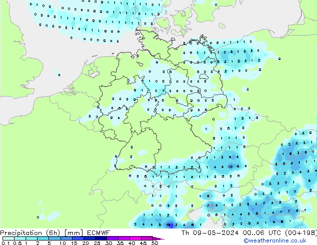 Precipitation (6h) ECMWF Čt 09.05.2024 06 UTC