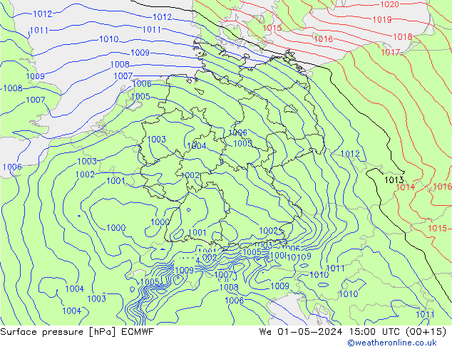 pressão do solo ECMWF Qua 01.05.2024 15 UTC