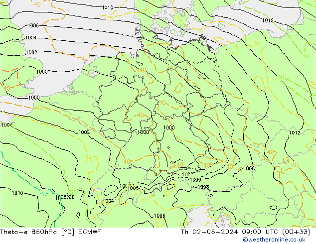 Theta-e 850hPa ECMWF Čt 02.05.2024 09 UTC