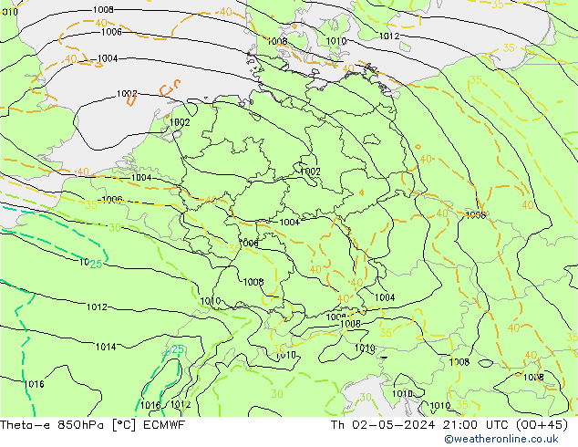 Theta-e 850hPa ECMWF Čt 02.05.2024 21 UTC