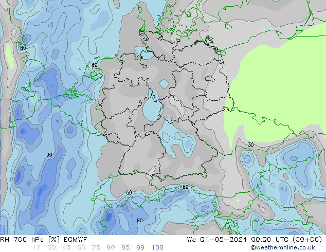 RH 700 hPa ECMWF śro. 01.05.2024 00 UTC