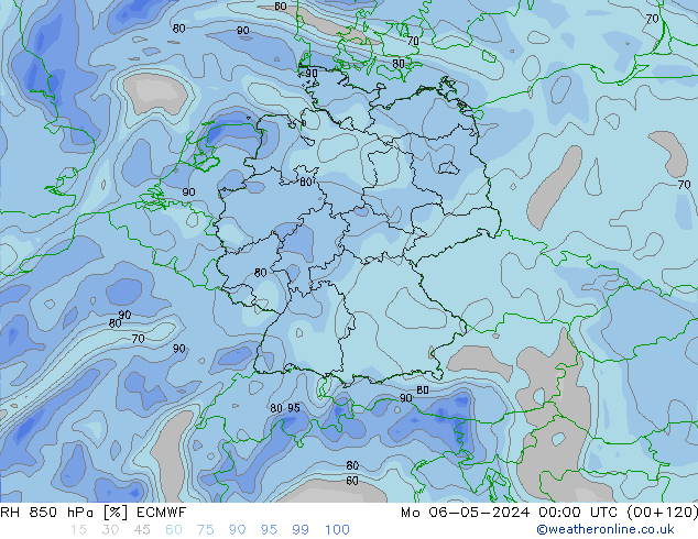 Humidité rel. 850 hPa ECMWF lun 06.05.2024 00 UTC