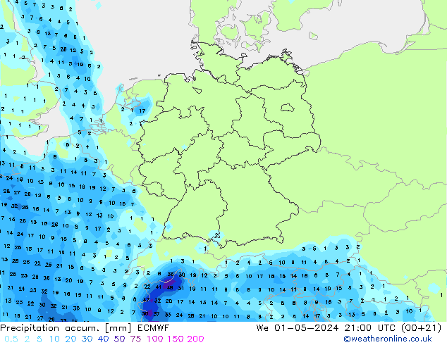 Precipitation accum. ECMWF We 01.05.2024 21 UTC