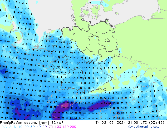 Precipitation accum. ECMWF Čt 02.05.2024 21 UTC