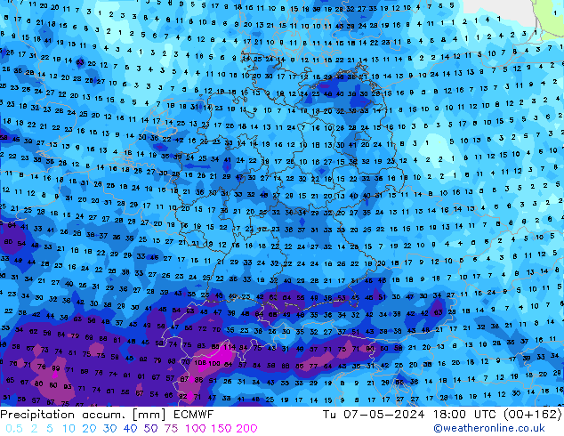 Precipitation accum. ECMWF Tu 07.05.2024 18 UTC