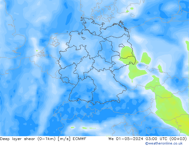 Deep layer shear (0-1km) ECMWF St 01.05.2024 03 UTC