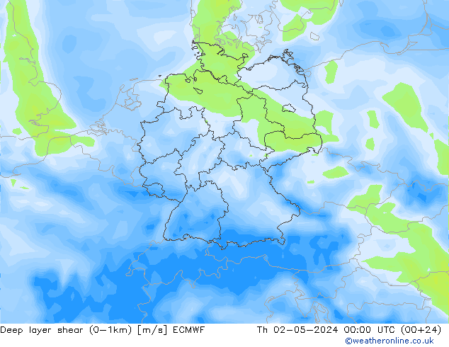 Deep layer shear (0-1km) ECMWF Th 02.05.2024 00 UTC