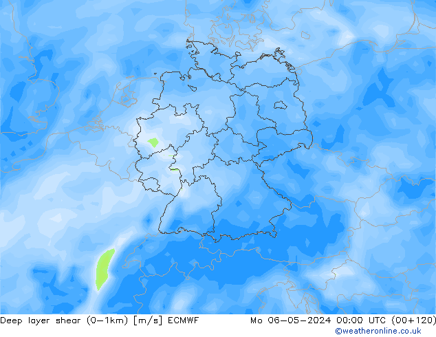 Deep layer shear (0-1km) ECMWF Po 06.05.2024 00 UTC