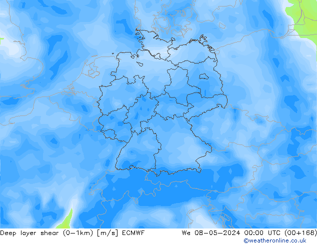 Deep layer shear (0-1km) ECMWF mer 08.05.2024 00 UTC