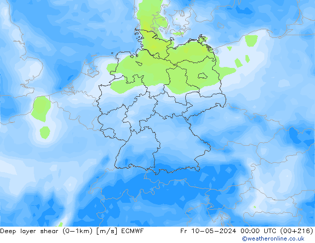 Deep layer shear (0-1km) ECMWF Cu 10.05.2024 00 UTC