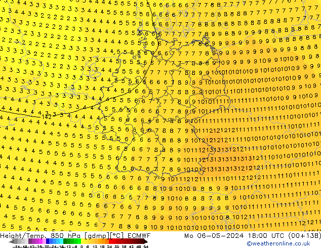 Geop./Temp. 850 hPa ECMWF lun 06.05.2024 18 UTC