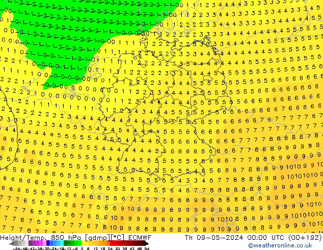 Z500/Rain (+SLP)/Z850 ECMWF Do 09.05.2024 00 UTC