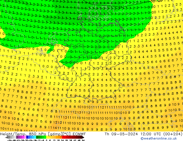 Z500/Rain (+SLP)/Z850 ECMWF Do 09.05.2024 12 UTC