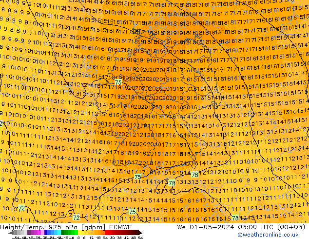 Yükseklik/Sıc. 925 hPa ECMWF Çar 01.05.2024 03 UTC