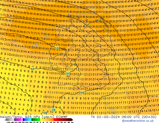 Height/Temp. 925 hPa ECMWF Do 02.05.2024 06 UTC