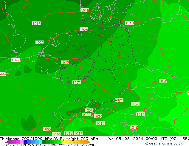 Thck 700-1000 hPa ECMWF mer 08.05.2024 00 UTC