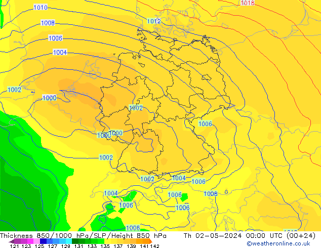 Thck 850-1000 hPa ECMWF Čt 02.05.2024 00 UTC