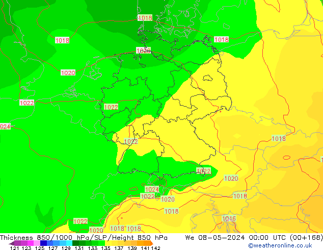 Thck 850-1000 hPa ECMWF mer 08.05.2024 00 UTC