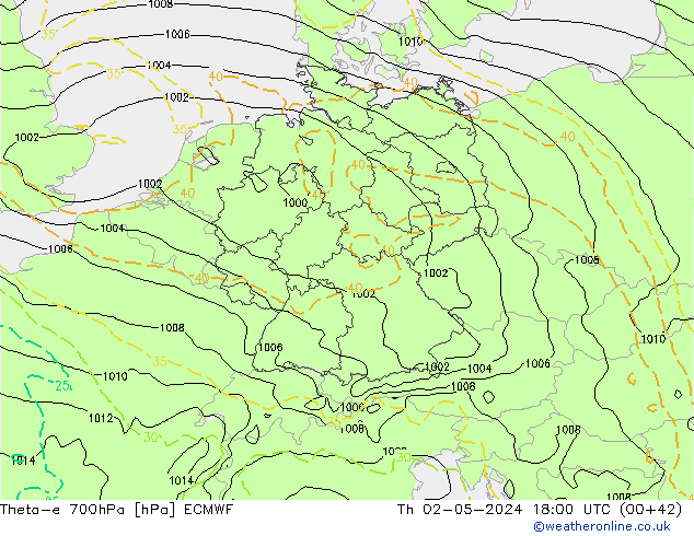 Theta-e 700hPa ECMWF Čt 02.05.2024 18 UTC