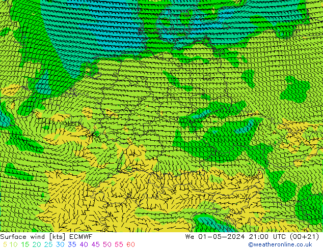 Vent 10 m ECMWF mer 01.05.2024 21 UTC