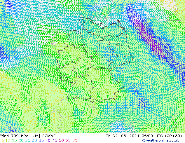 wiatr 700 hPa ECMWF czw. 02.05.2024 06 UTC