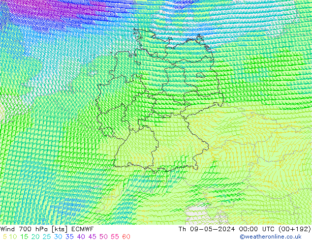 Wind 700 hPa ECMWF Th 09.05.2024 00 UTC