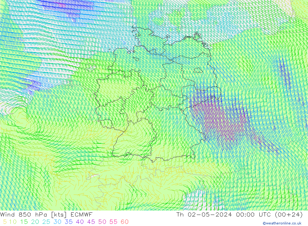 Vento 850 hPa ECMWF Qui 02.05.2024 00 UTC