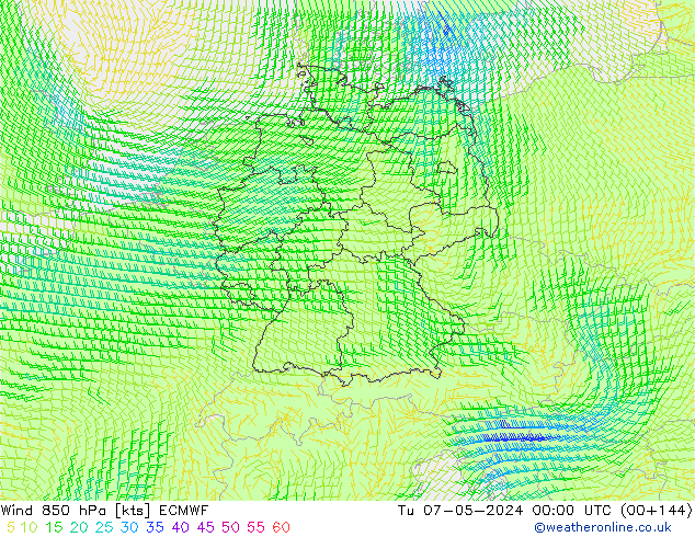 Wind 850 hPa ECMWF Tu 07.05.2024 00 UTC