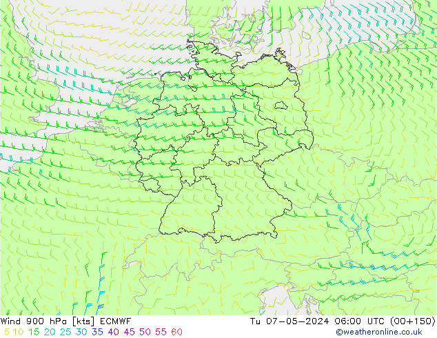 Wind 900 hPa ECMWF Tu 07.05.2024 06 UTC