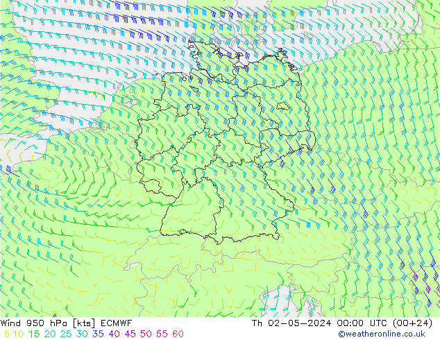 Vento 950 hPa ECMWF Qui 02.05.2024 00 UTC