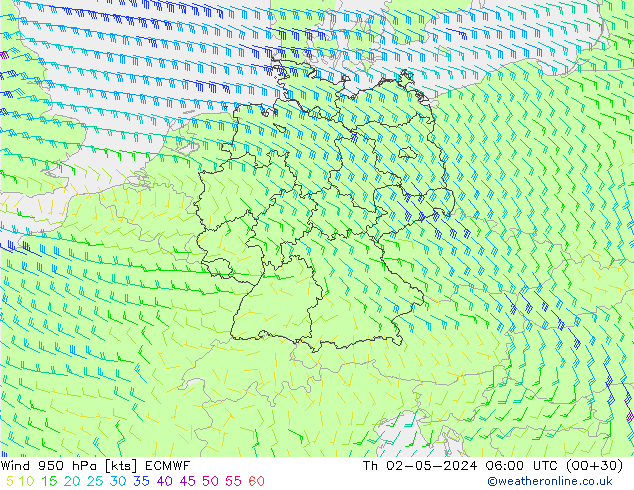 wiatr 950 hPa ECMWF czw. 02.05.2024 06 UTC