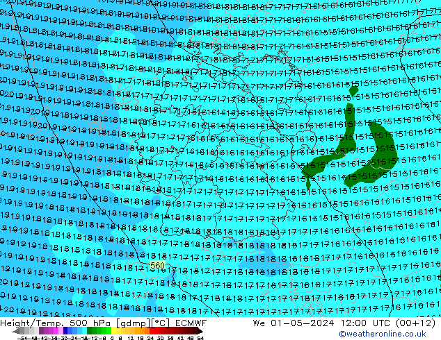 Z500/Yağmur (+YB)/Z850 ECMWF Çar 01.05.2024 12 UTC