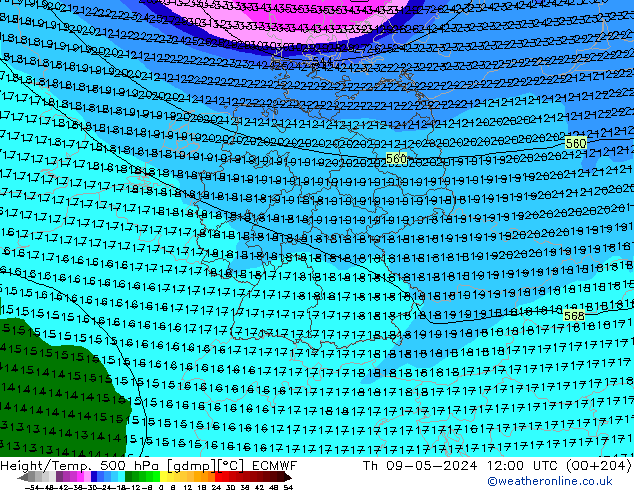 Z500/Rain (+SLP)/Z850 ECMWF Do 09.05.2024 12 UTC