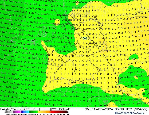 Height/Temp. 700 hPa ECMWF Mi 01.05.2024 03 UTC