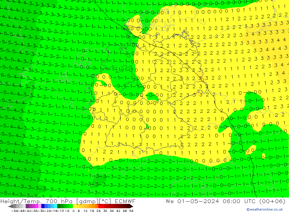 Height/Temp. 700 hPa ECMWF Mi 01.05.2024 06 UTC